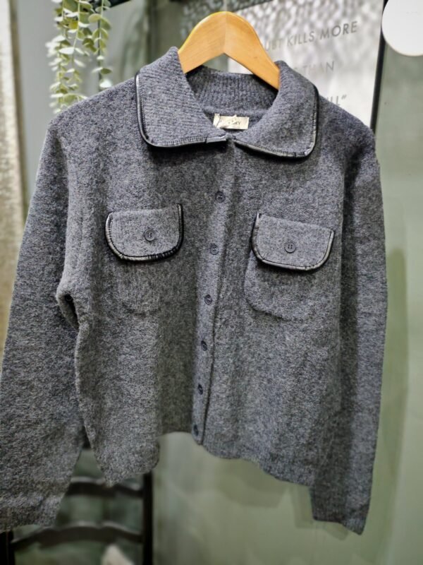 Grey Faux Leather Pocket Knit - Image 2